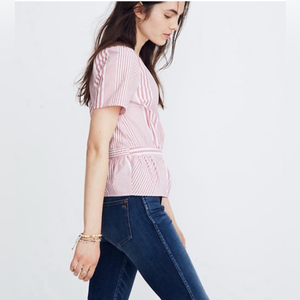 Madewell Red White Pinstripe Cotton V Neck Wrap Ruffle Hem Summer Top Size Small